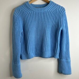 J Crew Heritage Cotton Crewneck Fisherman Sweater Womens XS Blue Chunky Preppy